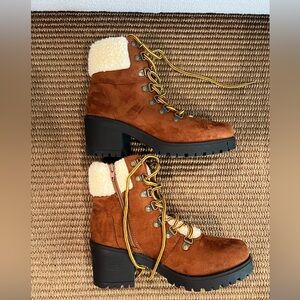 Catharine Malandrino Brown and Shearling Lace Up Heel Boot